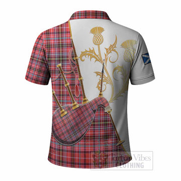Straiton Tartan Family Crest Polo Shirt Bagpipes with Scottish Thistle