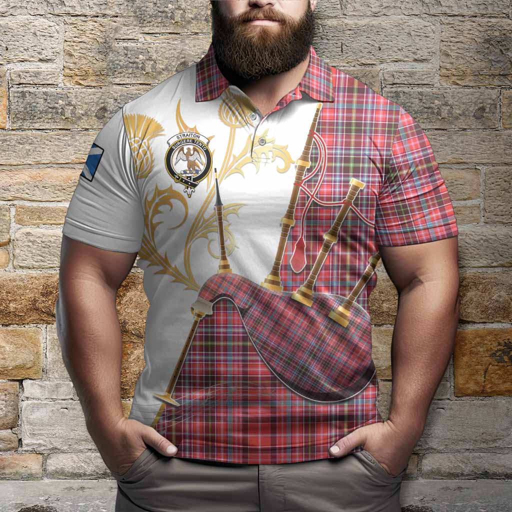 Straiton Tartan Family Crest Polo Shirt Bagpipes with Scottish Thistle