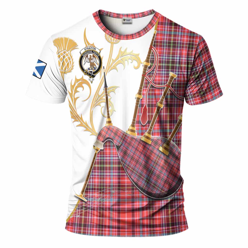 Straiton Tartan Family Crest T-Shirt Bagpipes with Scottish Thistle