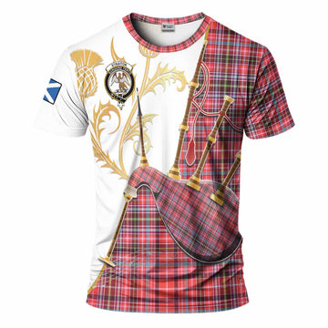 Straiton Tartan Family Crest T-Shirt Bagpipes with Scottish Thistle