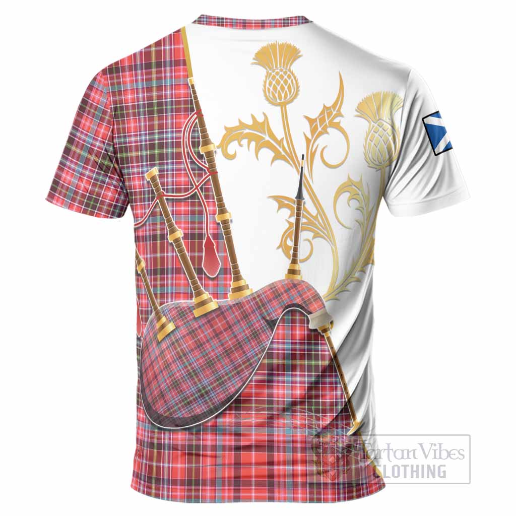 Straiton Tartan Family Crest T-Shirt Bagpipes with Scottish Thistle