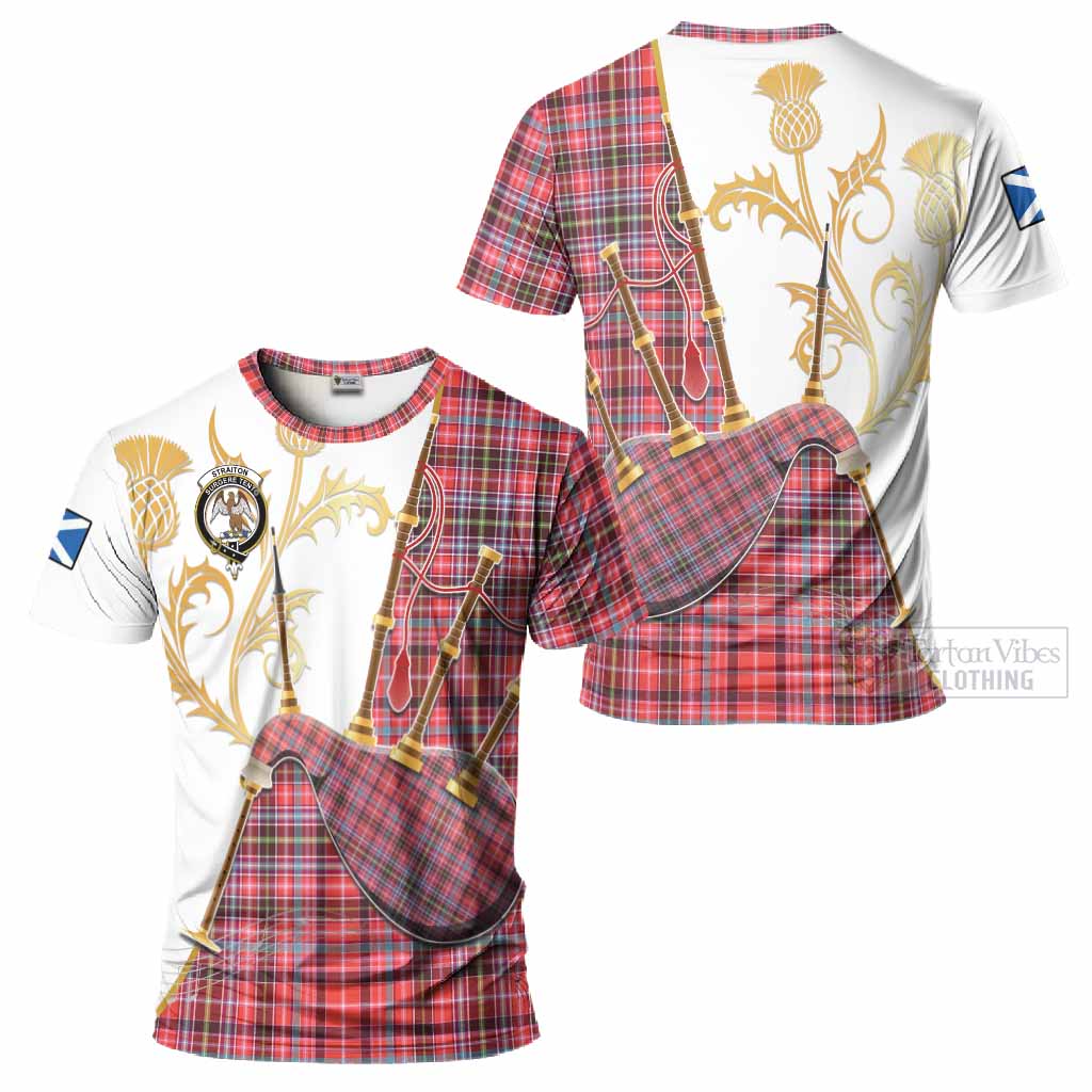 Straiton Tartan Family Crest T-Shirt Bagpipes with Scottish Thistle