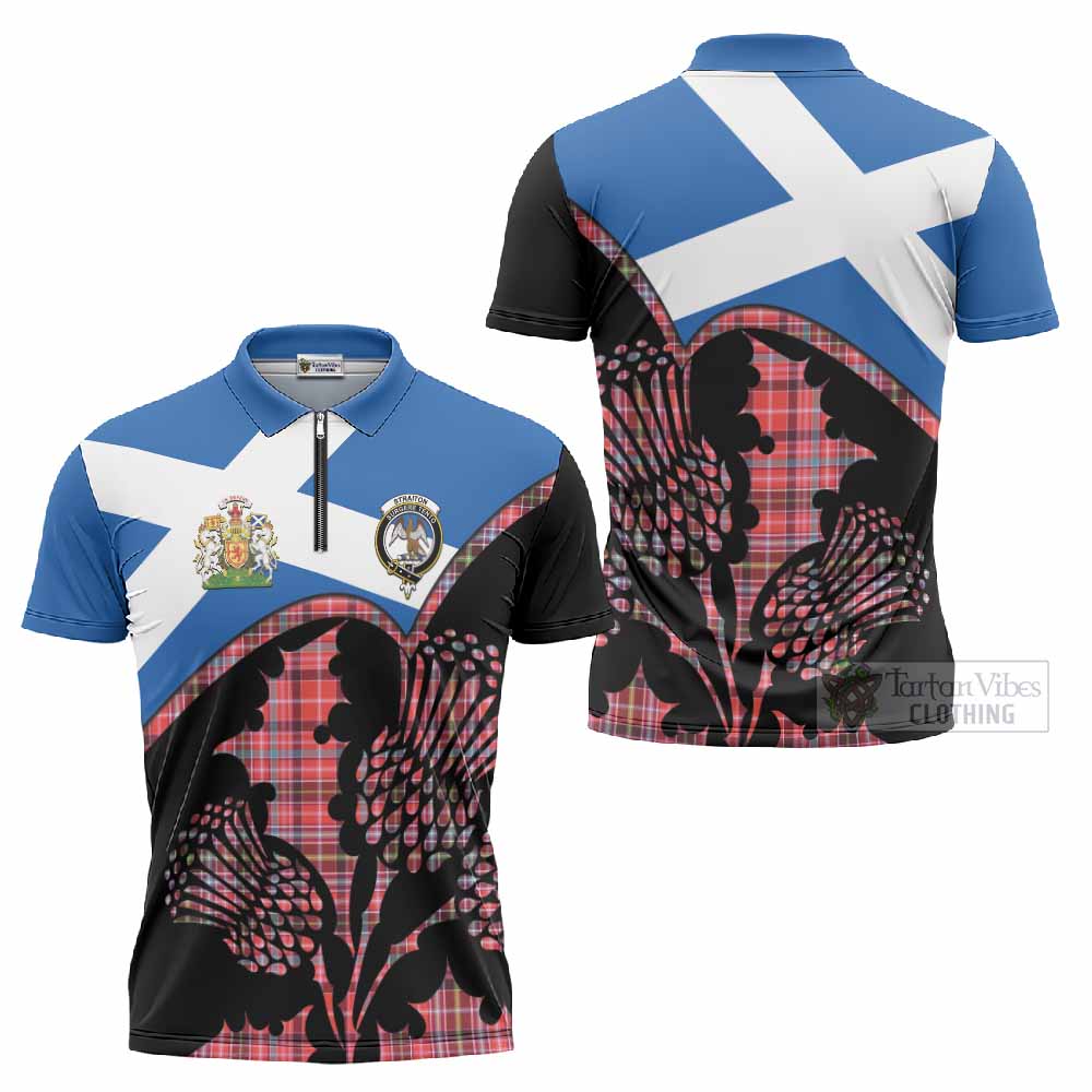 Straiton Tartan Family Crest Zipper Polo Shirt Scotland Thistle Floral Flag Style
