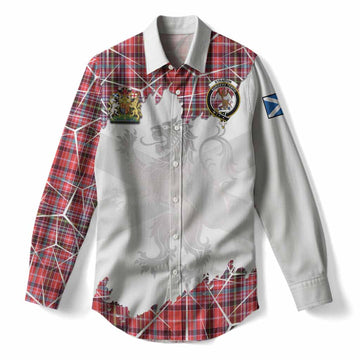 Straiton Tartan Women Casual Shirt with Family Crest and Lion Rampant Grunge Style