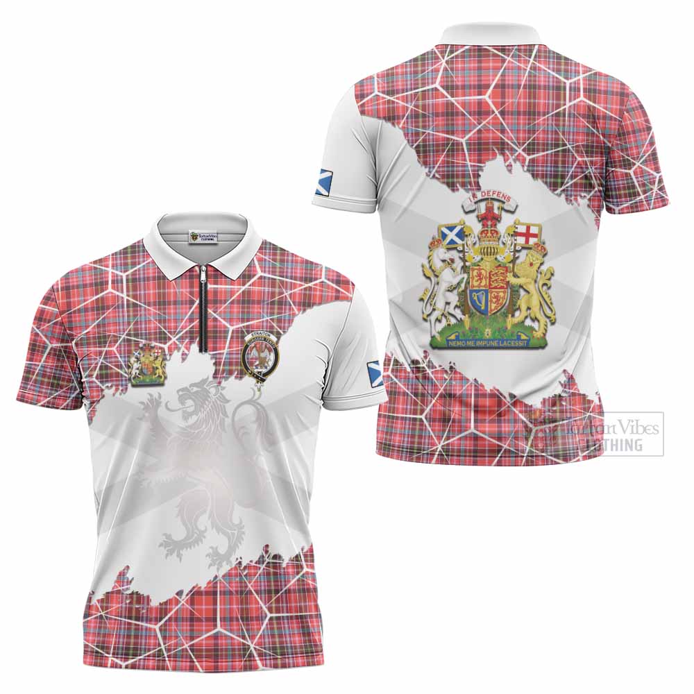 Straiton Tartan Zipper Polo Shirt with Family Crest and Lion Rampant Grunge Style
