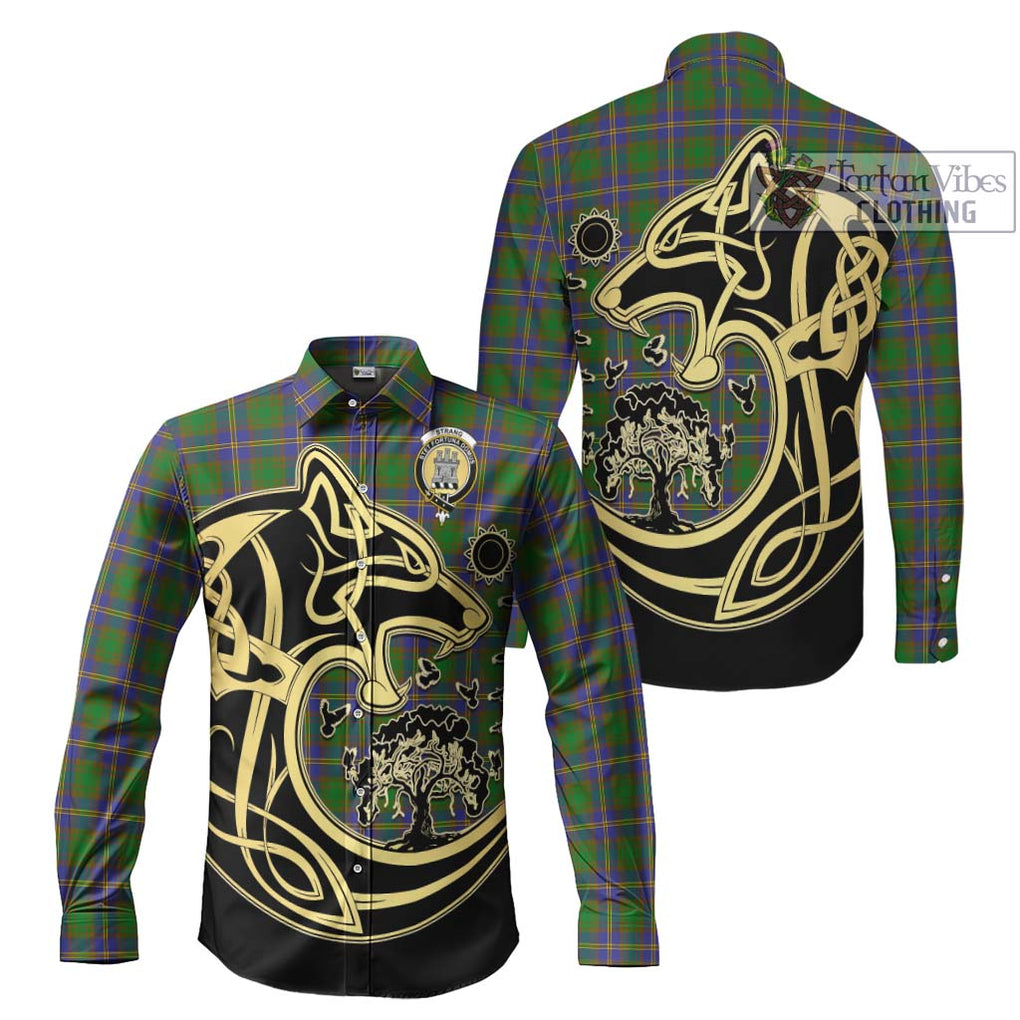 Strang of Balkaskie Tartan Long Sleeve Button Shirt with Family Crest Celtic Wolf Style Men's Shirt S - Tartan Vibes Clothing