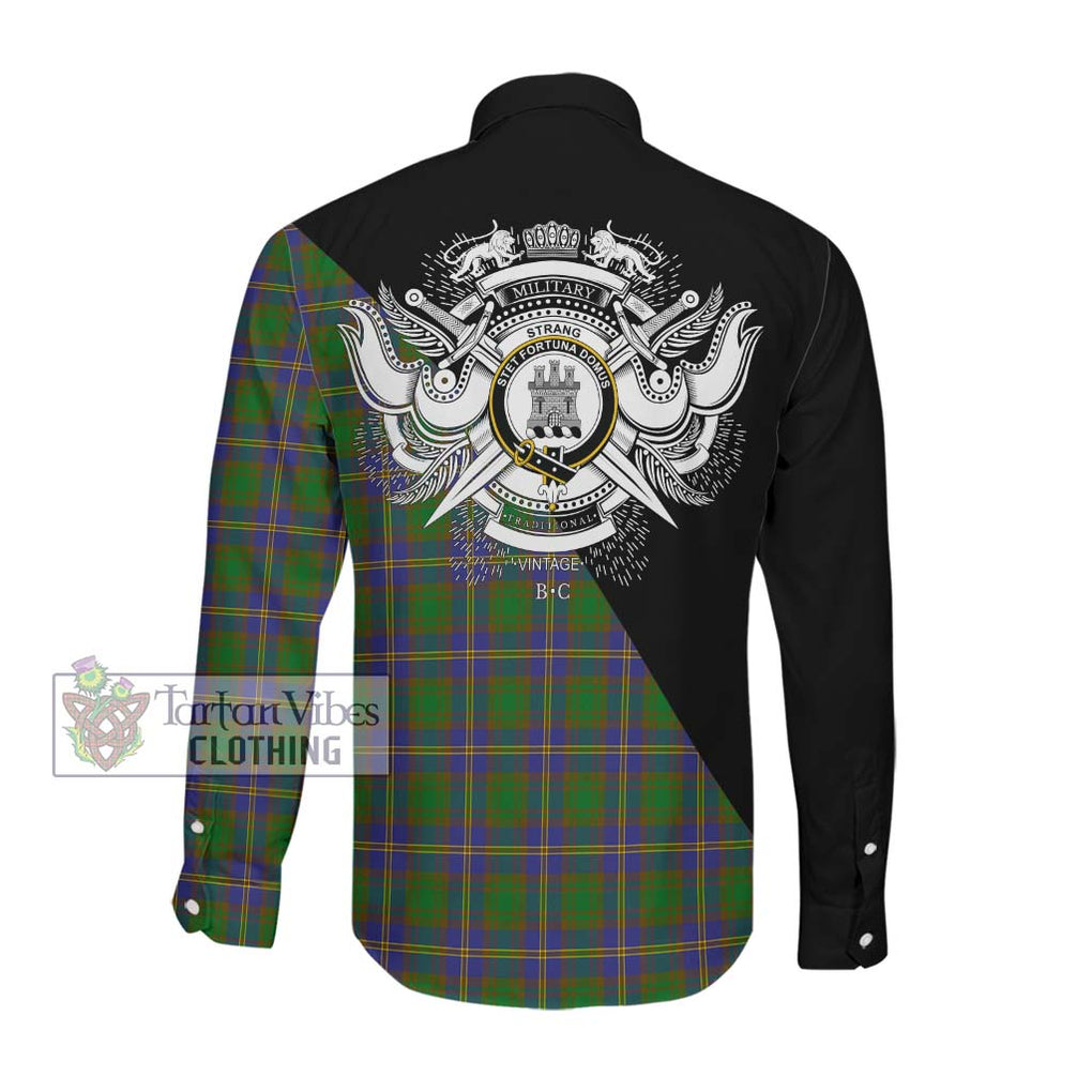 Strang of Balkaskie Tartan Long Sleeve Button Shirt with Family Crest and Military Logo Style Men's Shirt - Tartanvibesclothing Shop