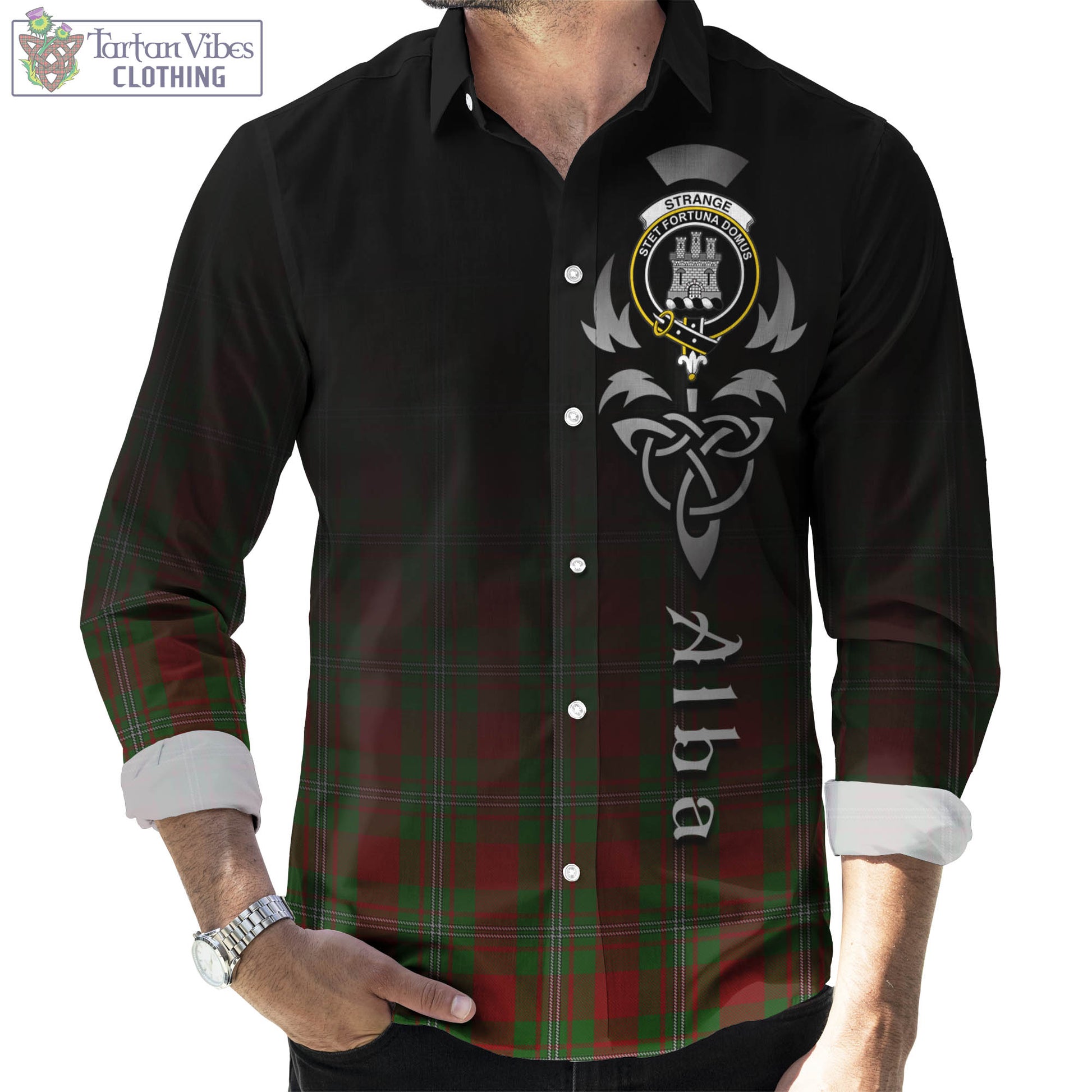 Tartan Vibes Clothing Strange Tartan Long Sleeve Button Up Featuring Alba Gu Brath Family Crest Celtic Inspired
