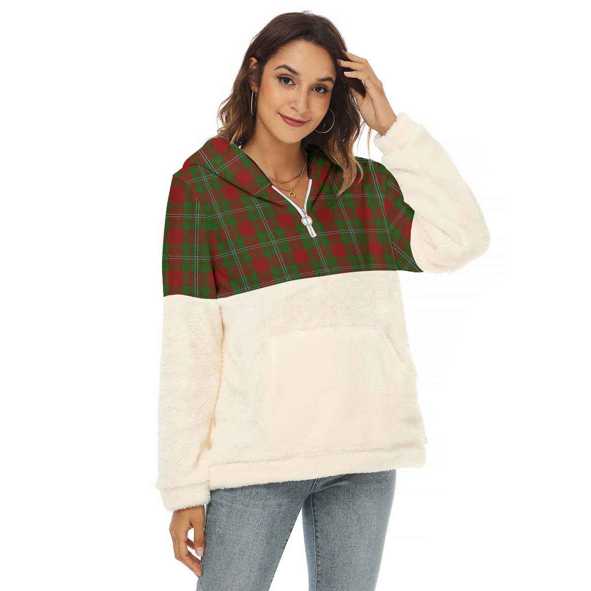 Strange (Strang) Tartan Women's Borg Fleece Hoodie With Half Zip Female - Tartan Vibes Clothing