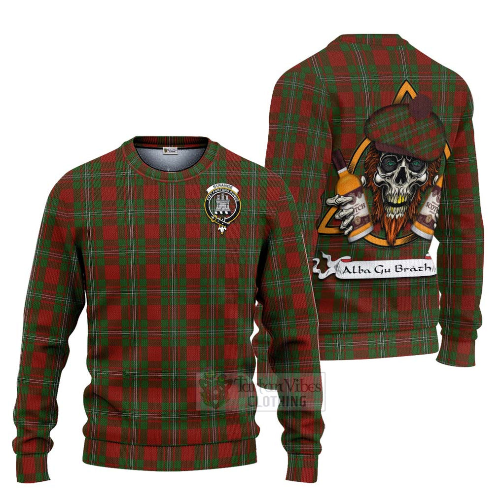Tartan Vibes Clothing Strange (Strang) Tartan Knitted Sweater with Family Crest and Bearded Skull Holding Bottles of Whiskey