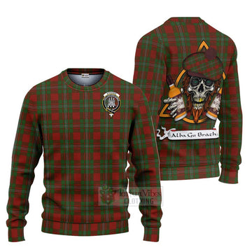 Tartan Vibes Clothing Strange (Strang) Tartan Knitted Sweater with Family Crest and Bearded Skull Holding Bottles of Whiskey