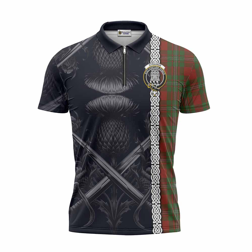 Tartan Vibes Clothing Strange (Strang) Tartan Zipper Polo Shirt with Family Crest Cross Sword Thistle Celtic Vibes