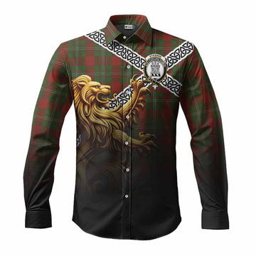 Strange (Strang) Crest Tartan Long Sleeve Button Shirt with Golden Lion Emblem Celtic Style