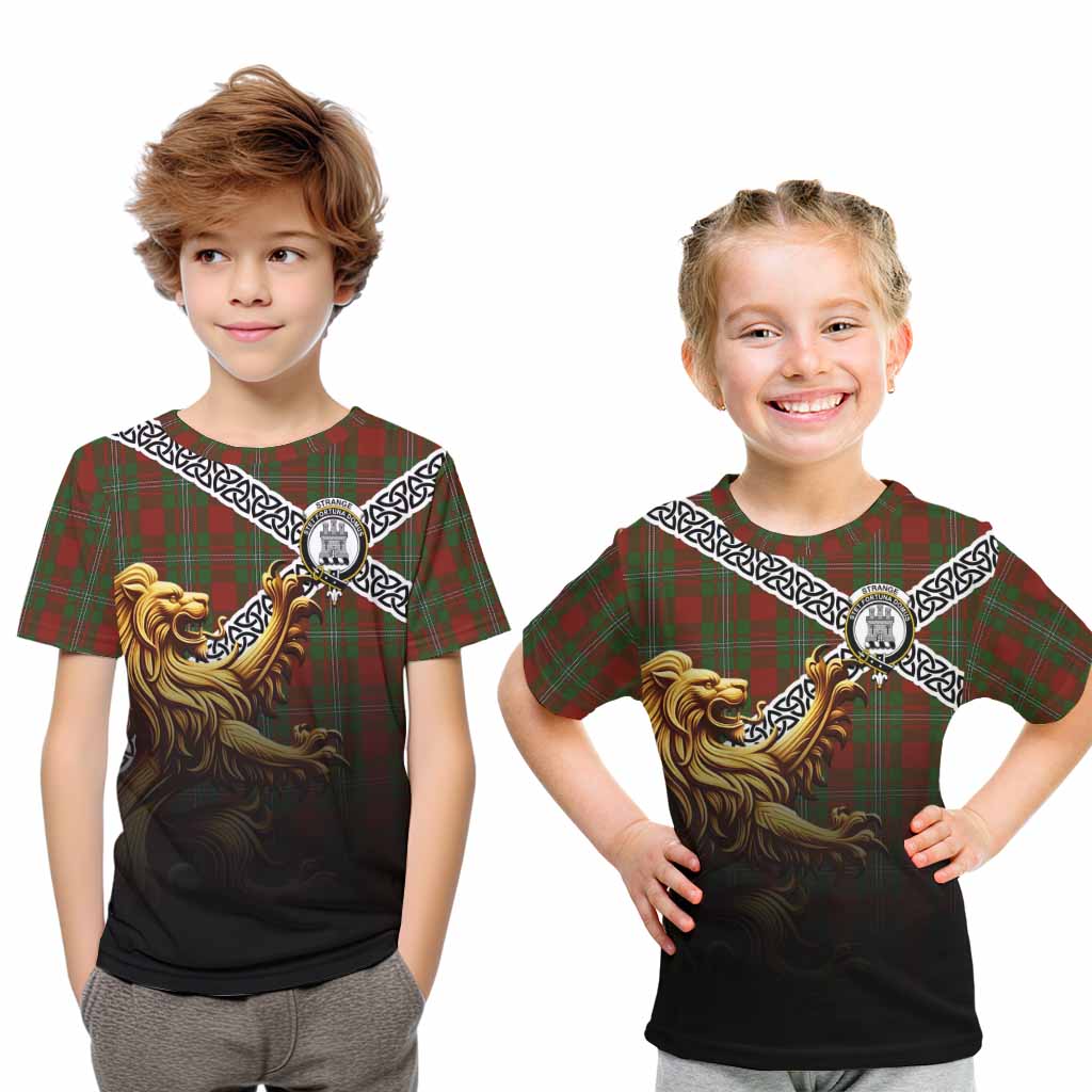 Tartan Vibes Clothing Strange (Strang) Crest Tartan Kid T-Shirt with Golden Lion Emblem Celtic Style