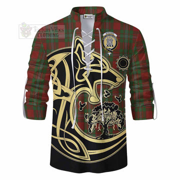 Tartan Vibes Clothing Strange (Strang) Tartan Ghillie Kilt Shirt with Family Crest Celtic Wolf Style