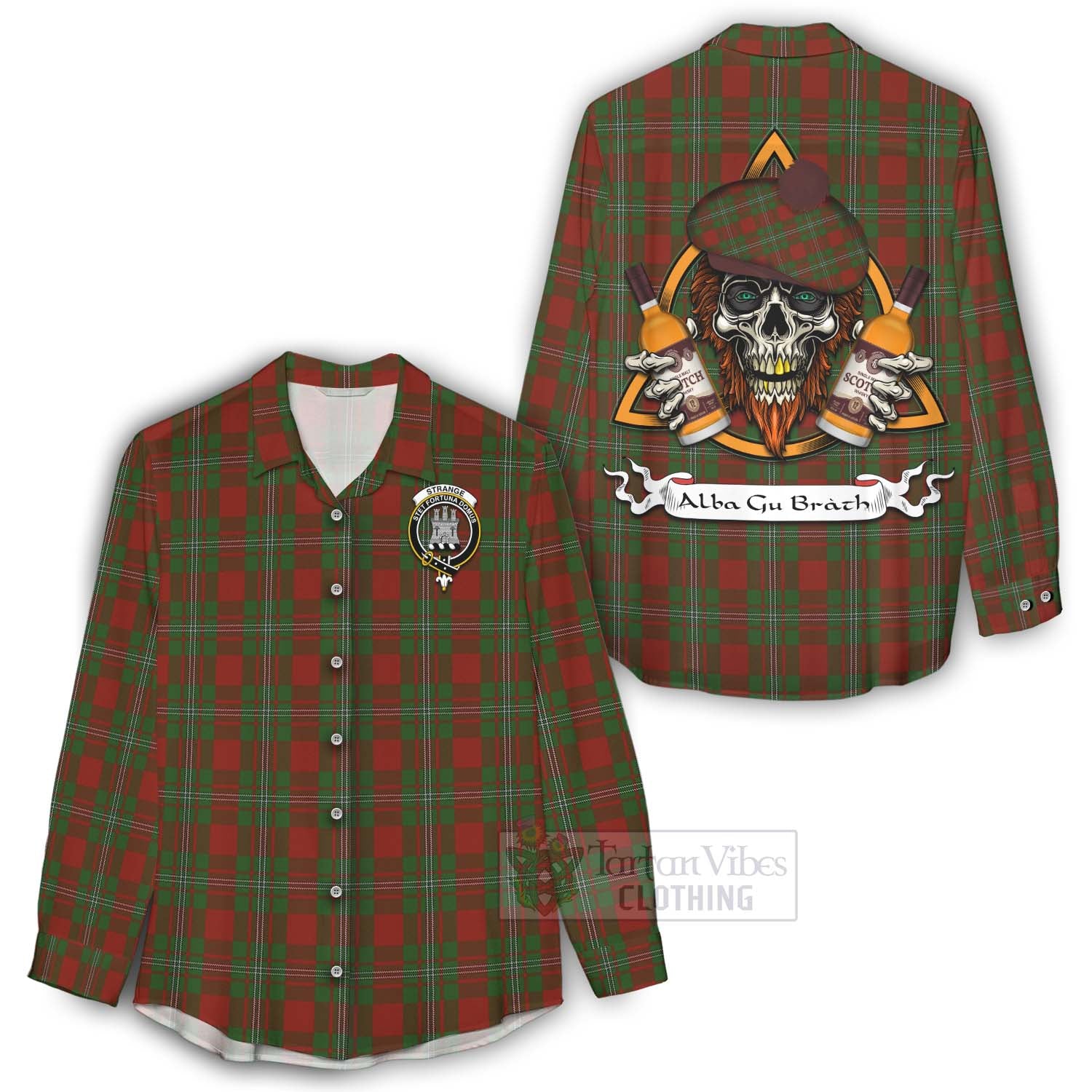 Tartan Vibes Clothing Strange (Strang) Tartan Women's Casual Shirt with Family Crest and Bearded Skull Holding Bottles of Whiskey