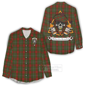 Tartan Vibes Clothing Strange (Strang) Tartan Women's Casual Shirt with Family Crest and Bearded Skull Holding Bottles of Whiskey