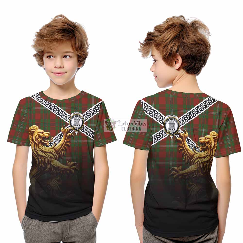 Tartan Vibes Clothing Strange (Strang) Crest Tartan Kid T-Shirt with Golden Lion Emblem Celtic Style