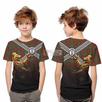 Tartan Vibes Clothing Strange (Strang) Crest Tartan Kid T-Shirt with Golden Lion Emblem Celtic Style