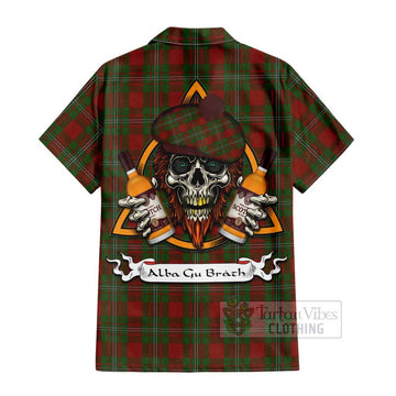 Tartan Vibes Clothing Strange (Strang) Tartan Short Sleeve Button Shirt with Family Crest and Bearded Skull Holding Bottles of Whiskey