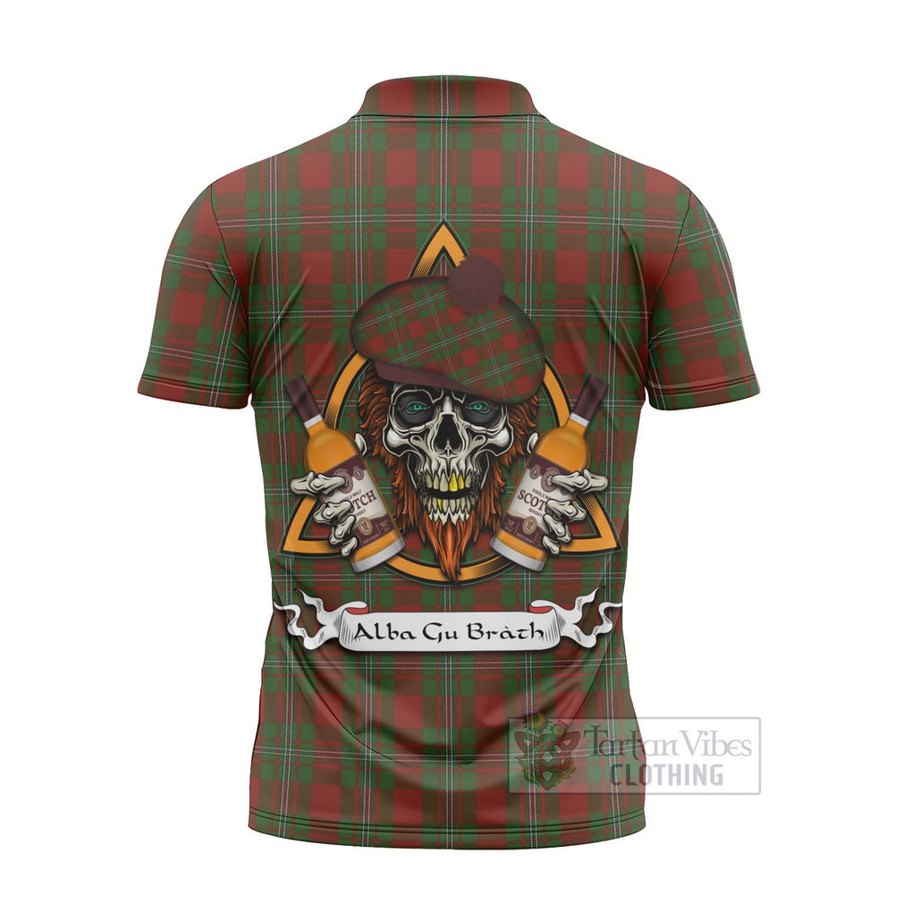 Tartan Vibes Clothing Strange (Strang) Tartan Zipper Polo Shirt with Family Crest and Bearded Skull Holding Bottles of Whiskey