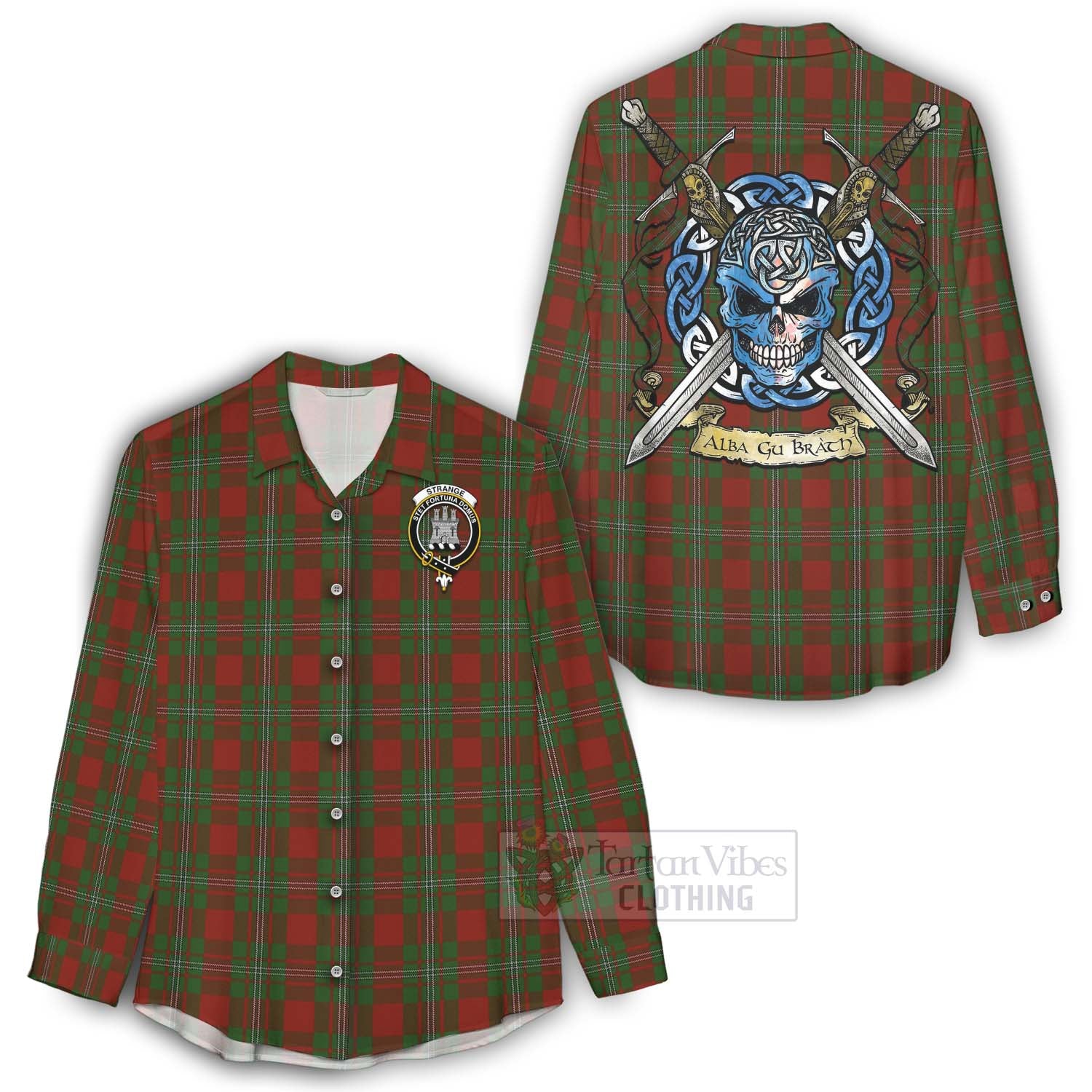 Tartan Vibes Clothing Strange (Strang) Tartan Women's Casual Shirt with Family Crest Celtic Skull Style
