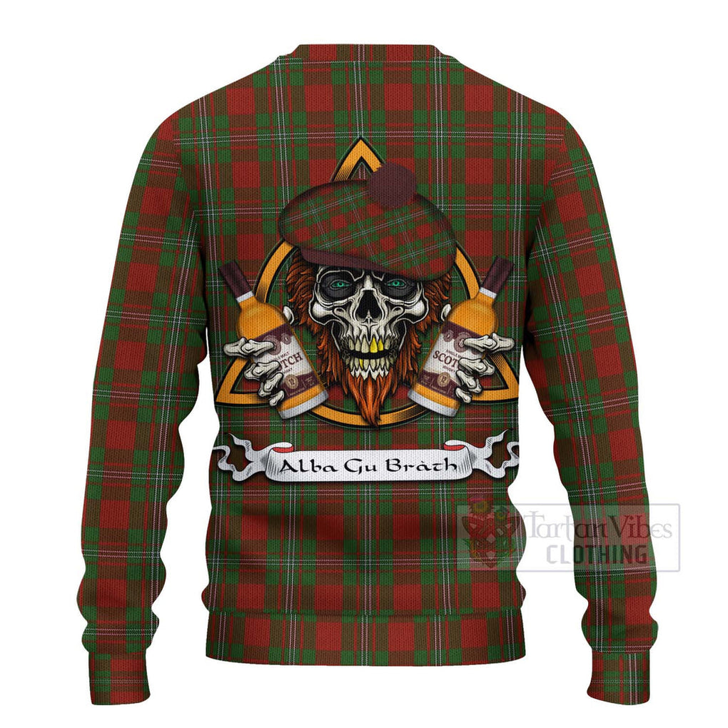 Tartan Vibes Clothing Strange (Strang) Tartan Knitted Sweater with Family Crest and Bearded Skull Holding Bottles of Whiskey