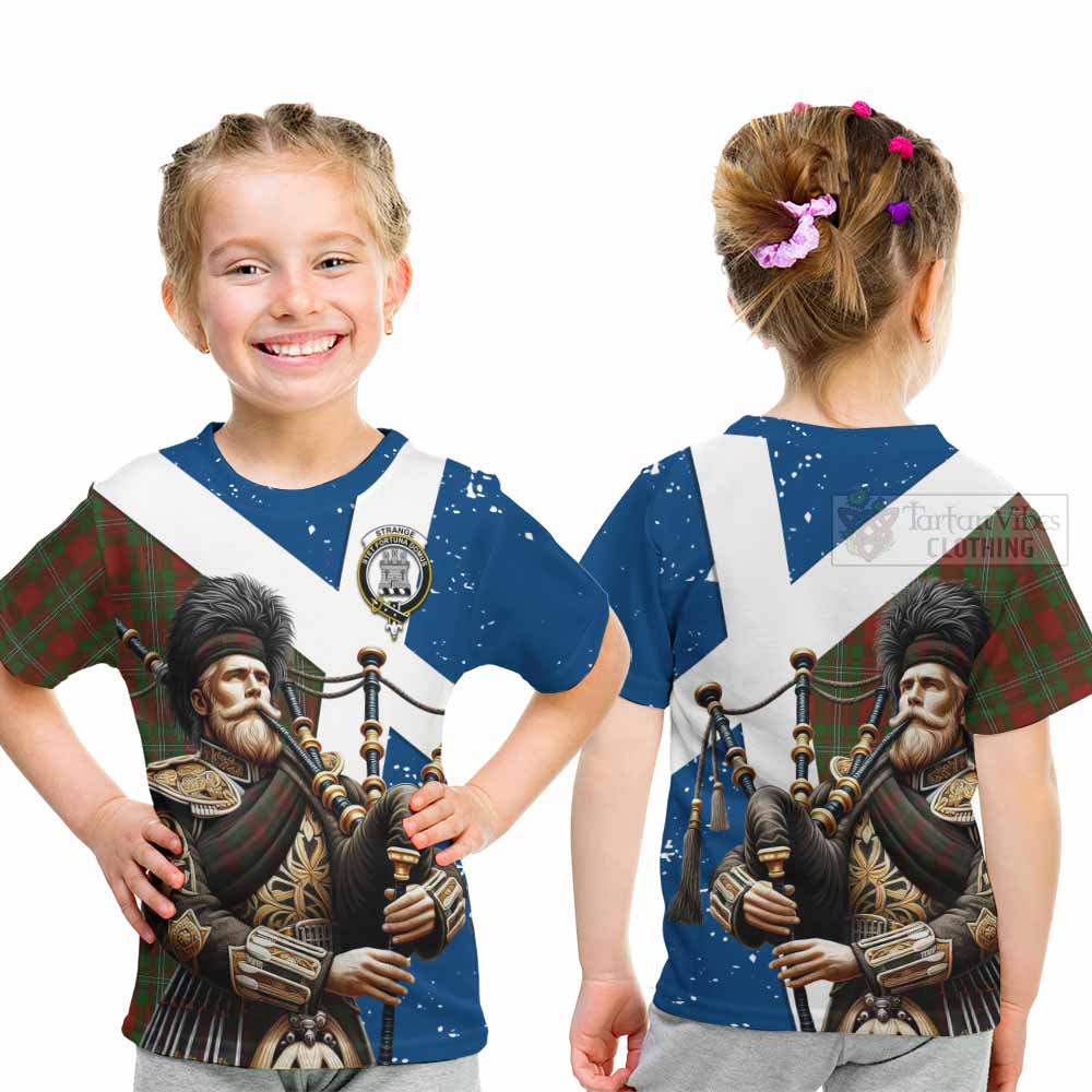 Tartan Vibes Clothing Strange (Strang) Tartan Kid T-Shirt with Family Crest Scottish Bagpiper Vibes
