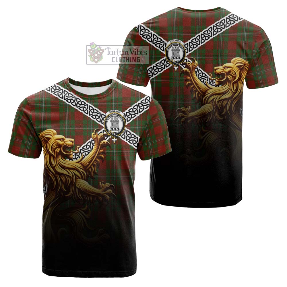 Tartan Vibes Clothing Strange (Strang) Crest Tartan Cotton T-shirt with Golden Lion Emblem Celtic Style