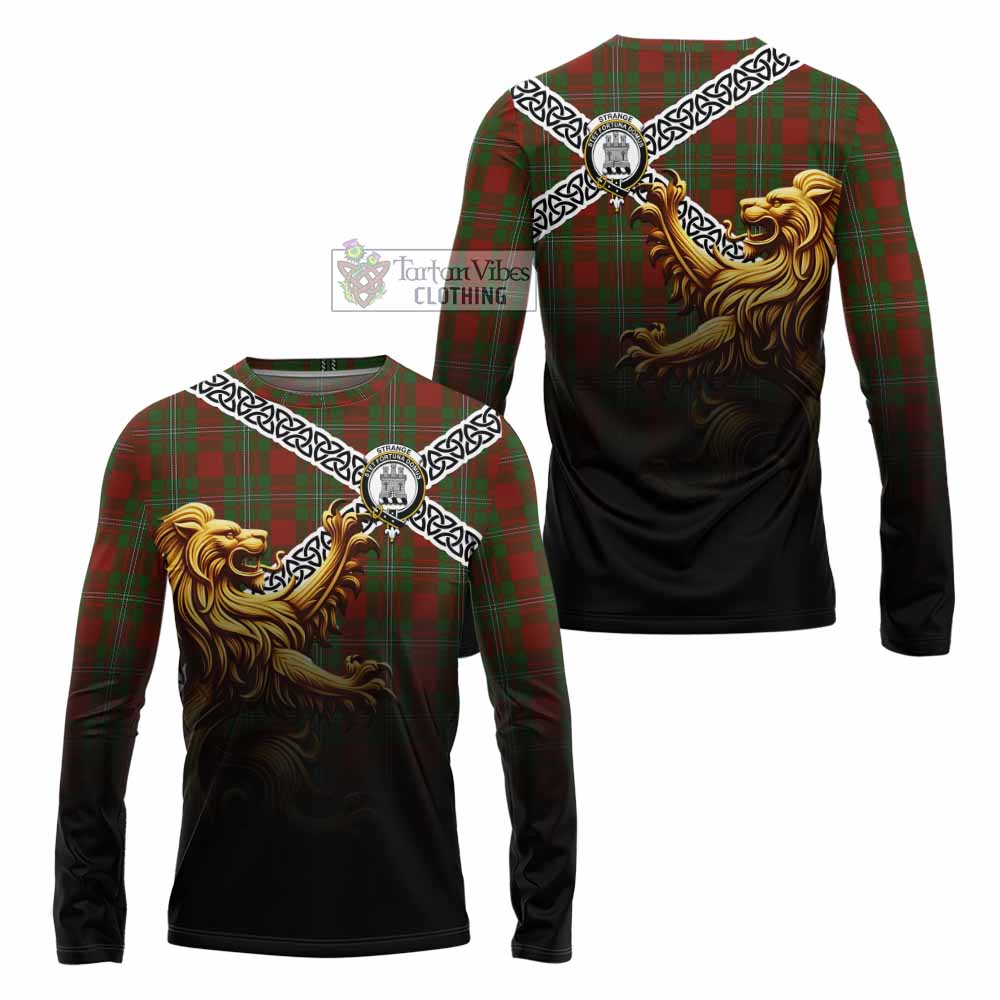 Tartan Vibes Clothing Strange (Strang) Crest Tartan Long Sleeve T-Shirt with Golden Lion Emblem Celtic Style