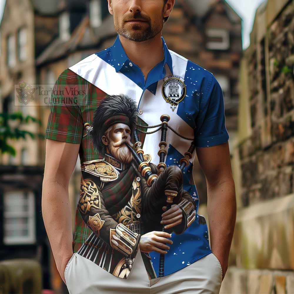 Tartan Vibes Clothing Strange (Strang) Tartan Short Sleeve Button Shirt with Family Crest Scottish Bagpiper Vibes