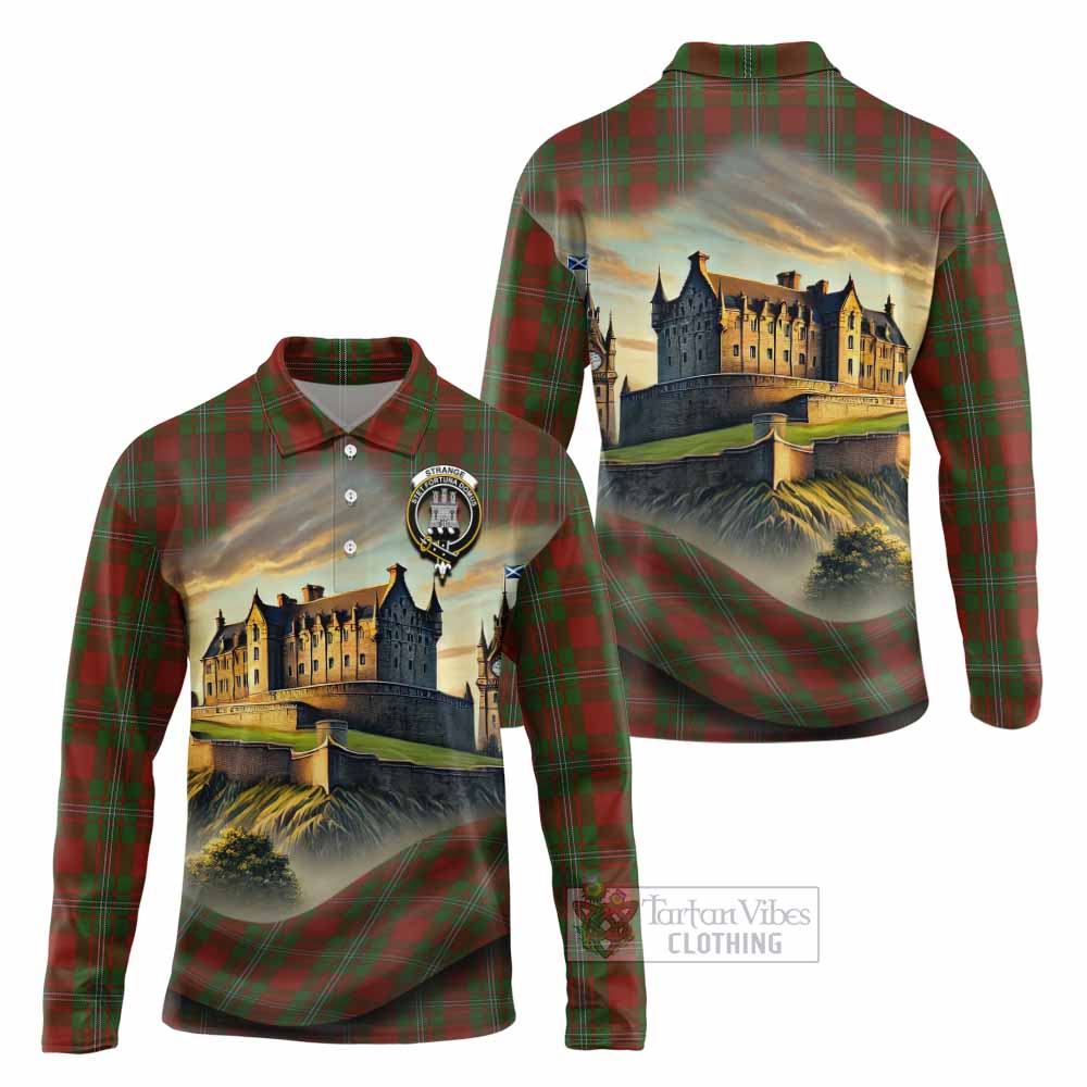 Tartan Vibes Clothing Strange (Strang) Tartan Family Crest Long Sleeve Polo Shirt with Scottish Ancient Castle Style