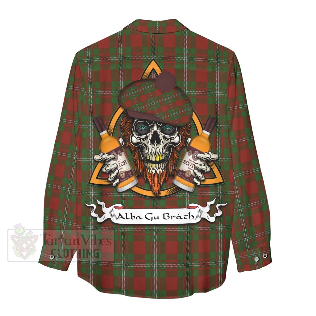 Tartan Vibes Clothing Strange (Strang) Tartan Women's Casual Shirt with Family Crest and Bearded Skull Holding Bottles of Whiskey