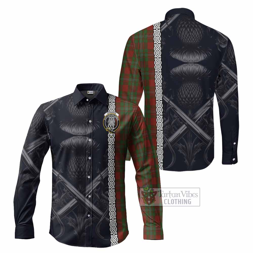Tartan Vibes Clothing Strange (Strang) Tartan Long Sleeve Button Shirt with Family Crest Cross Sword Thistle Celtic Vibes