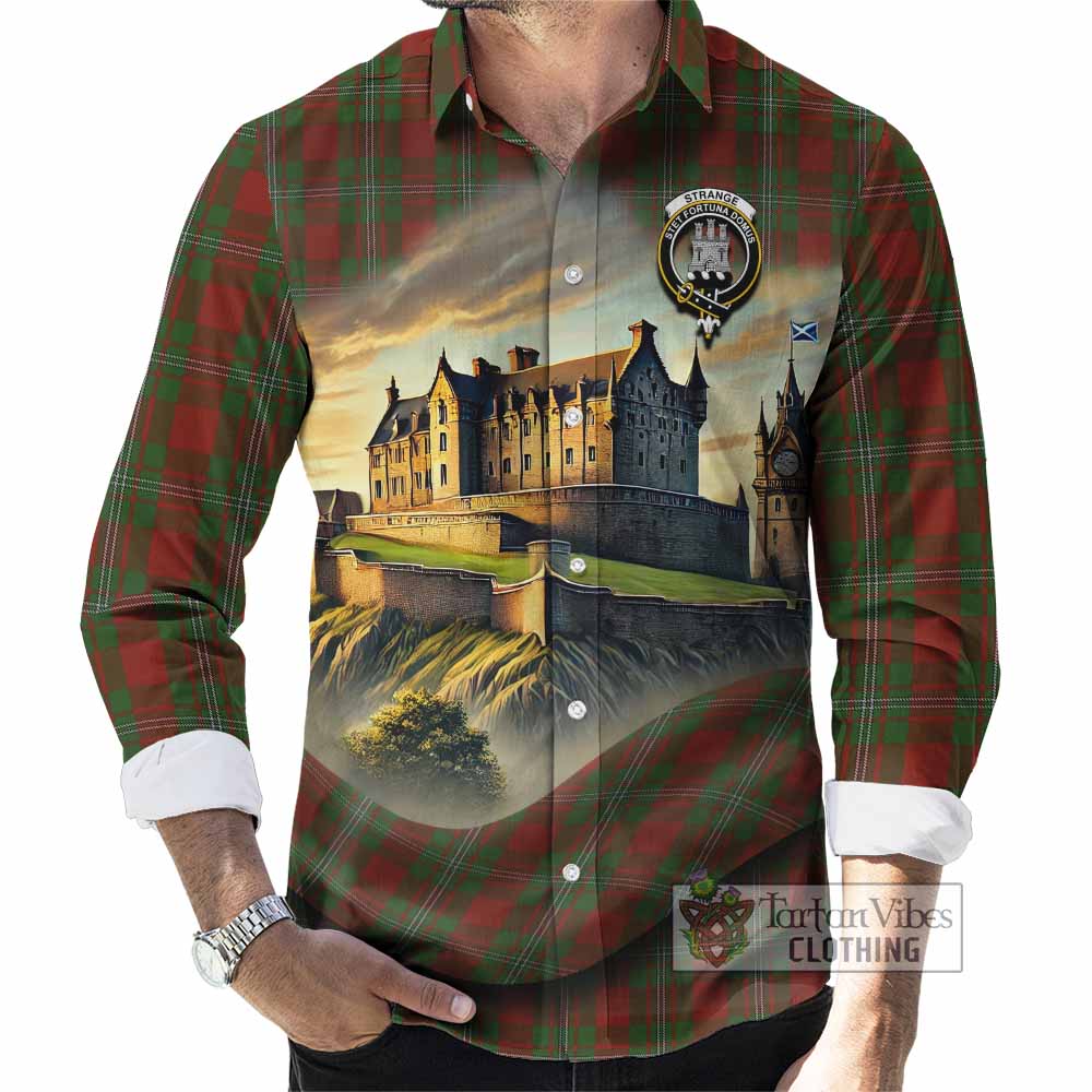 Tartan Vibes Clothing Strange (Strang) Tartan Family Crest Long Sleeve Button Shirt with Scottish Ancient Castle Style