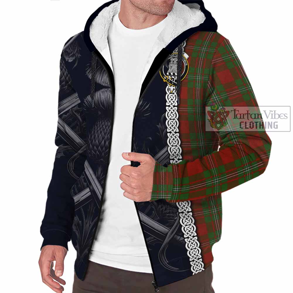 Tartan Vibes Clothing Strange (Strang) Tartan Sherpa Hoodie with Family Crest Cross Sword Thistle Celtic Vibes