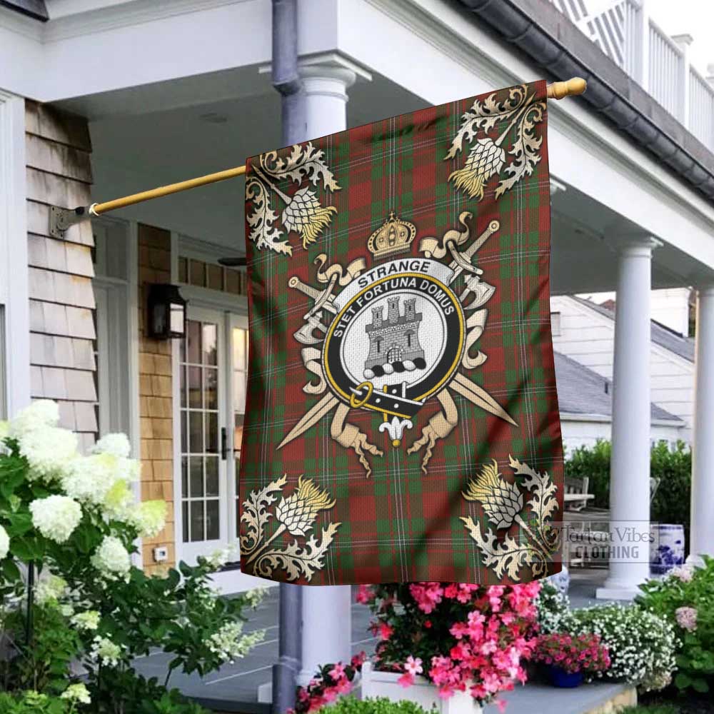 Tartan Vibes Clothing Strange (Strang) Tartan Flag with Family Crest and Golden Thistle Crossed Sword Design