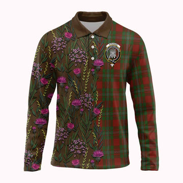 Strange (Strang) Family Crest Tartan Long Sleeve Polo Shirt Scottish Thistle Flower Pattern Half Style