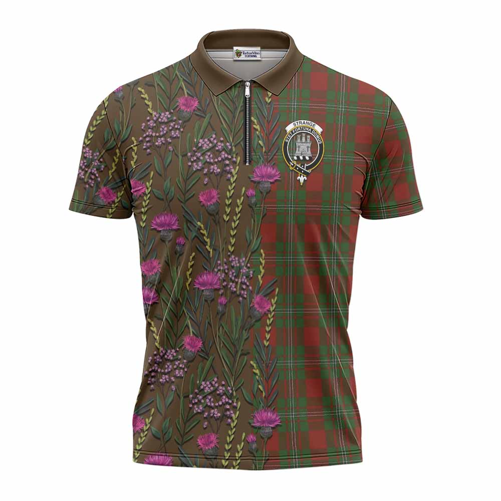 Strange (Strang) Family Crest Tartan Zipper Polo Shirt Scottish Thistle Flower Pattern Half Style - Tartan Vibes Clothing