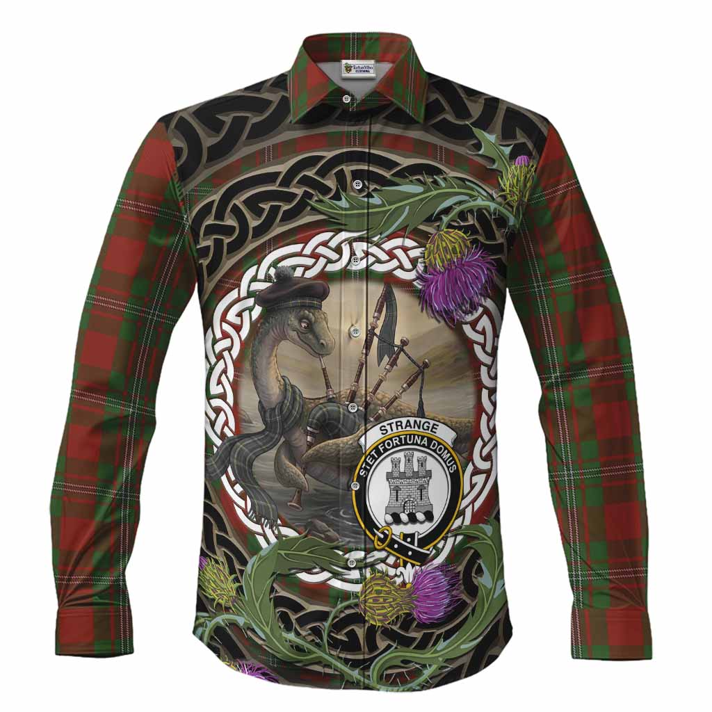 Strange (Strang) Tartan Crest Bagpipe Nessie Long Sleeve Button Shirts Scottish Loch Ness Monster Celtic Thistle