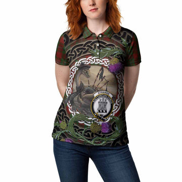 Strange (Strang) Tartan Crest Bagpipe Nessie Women Polo Shirt Scottish Loch Ness Monster Celtic Thistle