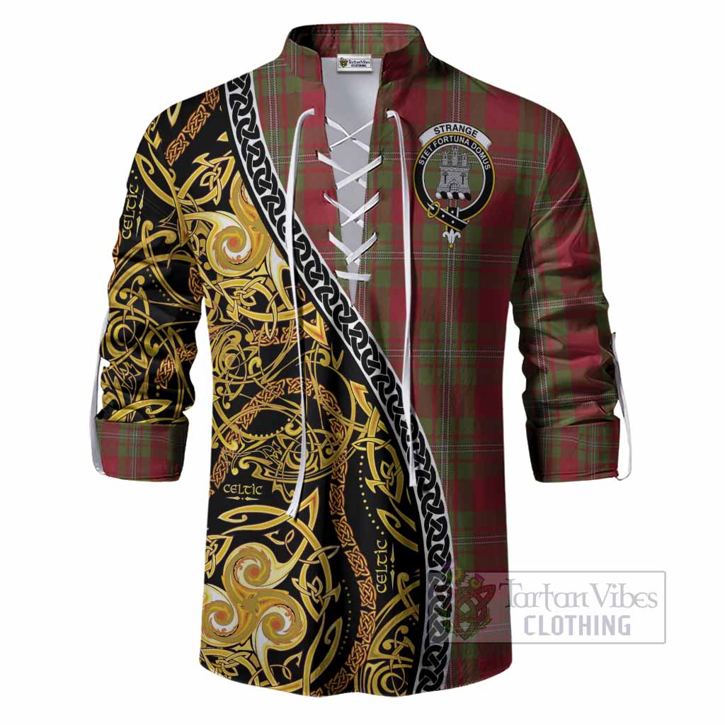 Strange (Strang) Tartan Crest Ghillie Shirt Celtic Knot and Triple Trickle Spiral Symbols
