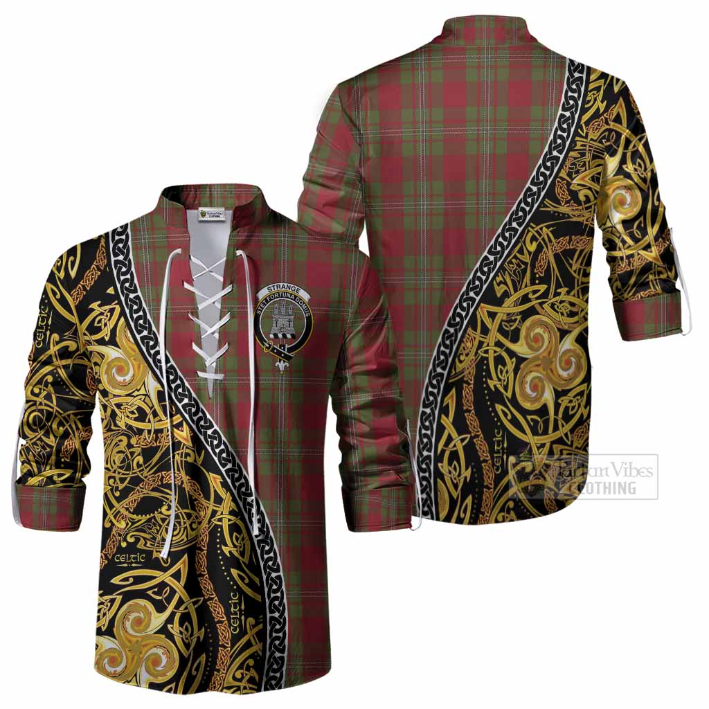 Strange (Strang) Tartan Crest Ghillie Shirt Celtic Knot and Triple Trickle Spiral Symbols