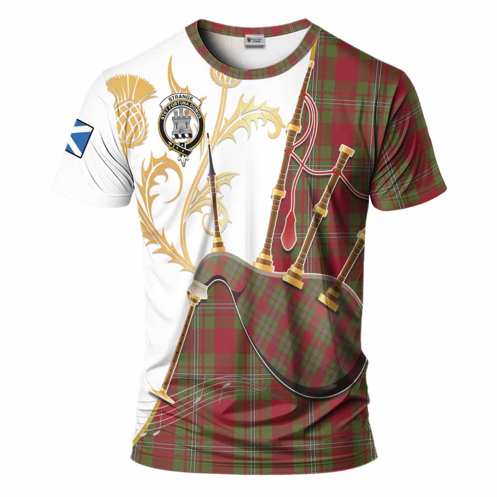 Strange (Strang) Tartan Family Crest T-Shirt Bagpipes with Scottish Thistle