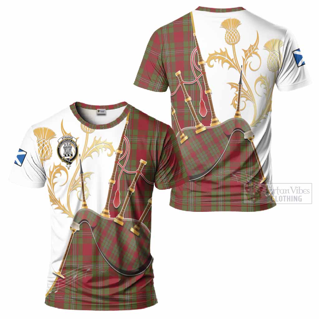 Strange (Strang) Tartan Family Crest T-Shirt Bagpipes with Scottish Thistle