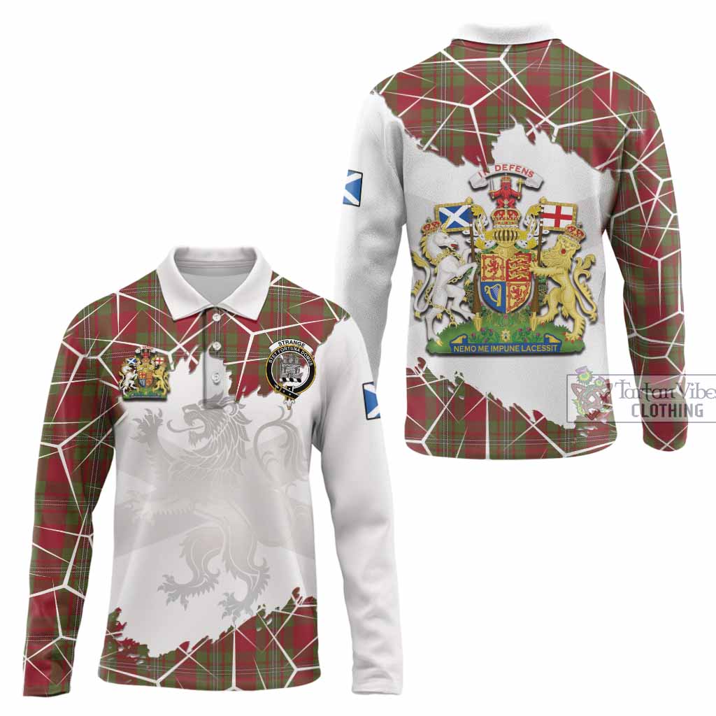 Strange (Strang) Tartan Long Sleeve Polo Shirt with Family Crest and Lion Rampant Grunge Style