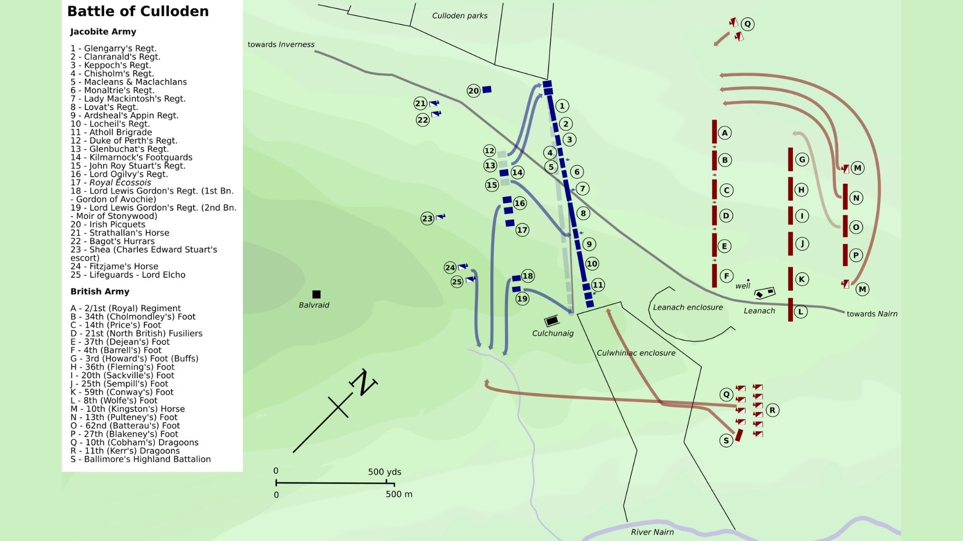 Battle lines at Culloden showing initial troop redeployments by Charles Edward Stuart and the Duke of Cumberland