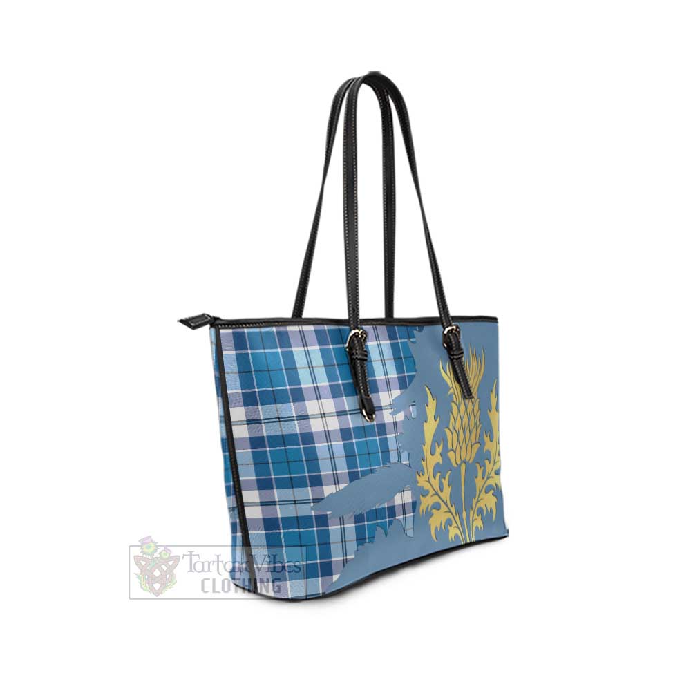Tartan Vibes Clothing Strathclyde District Tartan Leather Tote Bag Gold Thistle Style