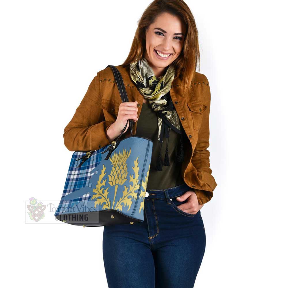 Tartan Vibes Clothing Strathclyde District Tartan Leather Tote Bag Gold Thistle Style