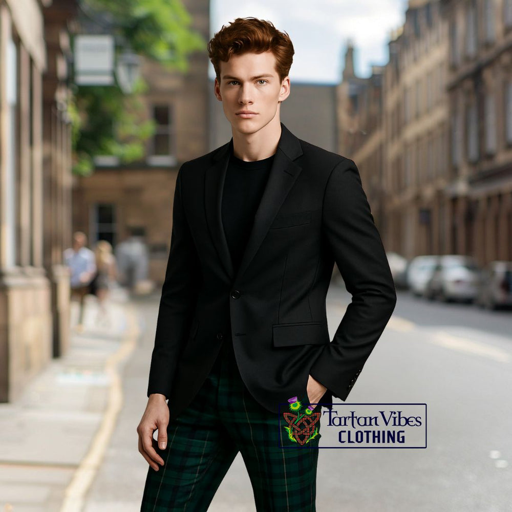 Structured Black Blazer with Green Tartan Plaid Pants 